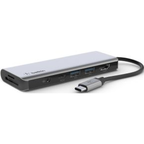 Docking station desde USB-C macho a USB-C hembra, 2xUSB a, jack 3.5, lector sd, lector micro sd, HDMI 4k y carga 100w color gris