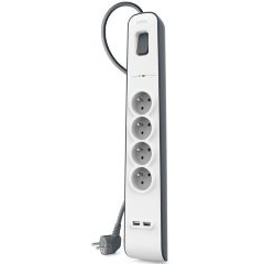 Surge protector power strip with four outlets, two 2.4A USB ports, on/off switch, 2-meter cable, white/grey