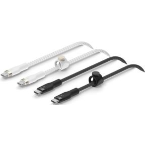 Cable pack de dos desde USB-C macho a USB-C macho longitud 1 metro exterior de doble trenzado compatible con USB-C pd incluye correa magnetica y placa de metal que facilitan la organizacion y recogida optimas color negro y blanco