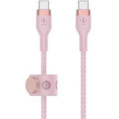 Cable desde USB-C macho a USB-C macho longitud 1 metro exterior de doble trenzado compatible con USB-C pd incluye correa magnetica y placa de metal que facilitan la organizacion y recogida optimas color rosa.