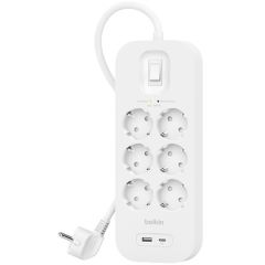 Regleta de proteccion contra sobretensiones con seis tomas de enchufe, puerto USB a + USB c con interruptor de encendido/apagado cable de 2 metros color blanco