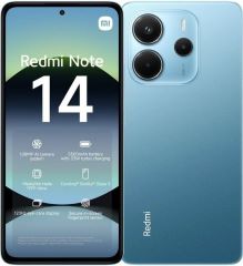 Smartphone redmi note 14 NFC capacidad  128gb RAM 6gb procesador helio g99-ultra pantalla 6.67' camara frontal 20 MP camara trasera triple 108mp + 2mp + 2mp bateria 5500mah 4g DUAL SIM o mico SD proteccion ip54 color  azul