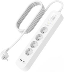 Regleta de proteccion contra sobretensiones con cuatro tomas de enchufe, puerto USB a + USB c con interruptor de encendido/apagado cable de 2 metros